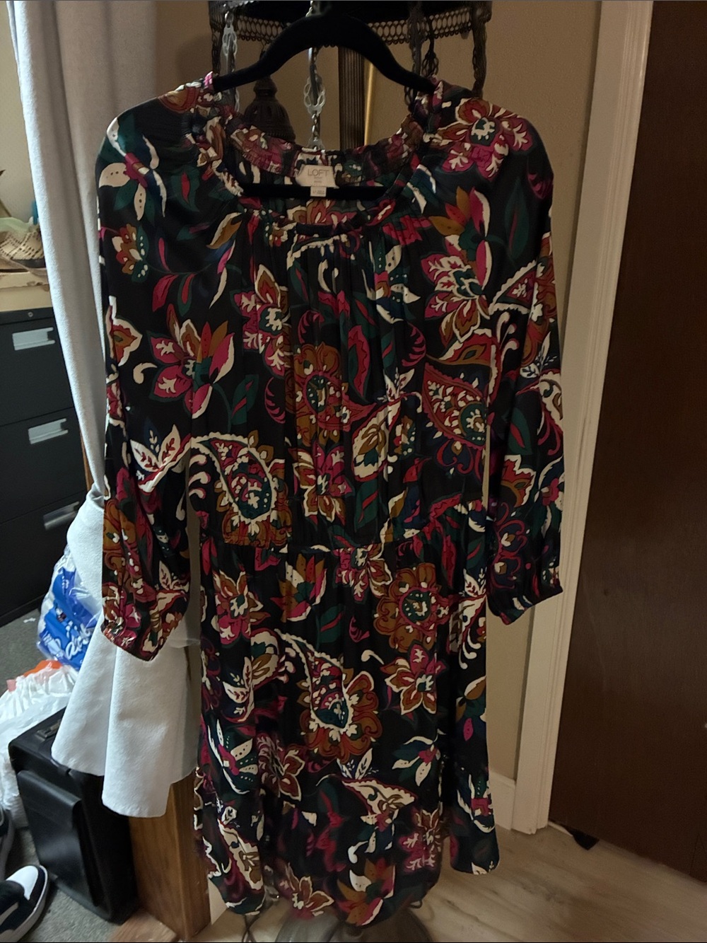 LOFT Black Floral Midi Dress with Multicolor Print